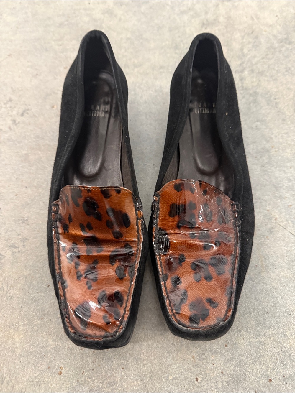 Stuart Weitzman Vintage Black Suede Loafers with Brown Leopard Patent Vamp